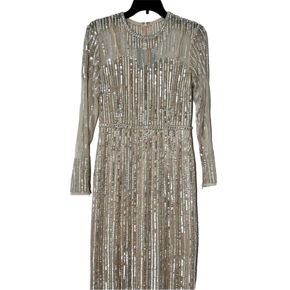 FLAWED NWT Mac Duggal Sheer Full Sequined A-Line Gown Dress in Rose Gold size 4 - Picture 4 of 13